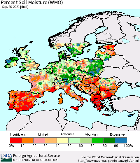 Europe Percent Soil Moisture (WMO) Thematic Map For 9/20/2021 - 9/26/2021