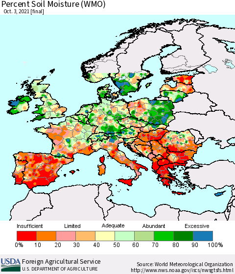 Europe Percent Soil Moisture (WMO) Thematic Map For 9/27/2021 - 10/3/2021