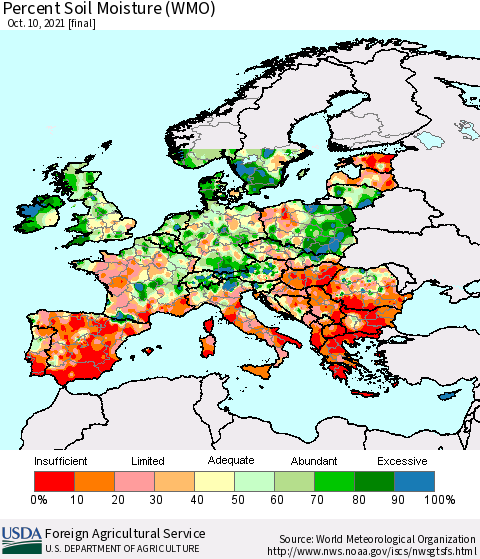 Europe Percent Soil Moisture (WMO) Thematic Map For 10/4/2021 - 10/10/2021