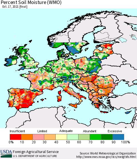 Europe Percent Soil Moisture (WMO) Thematic Map For 10/11/2021 - 10/17/2021