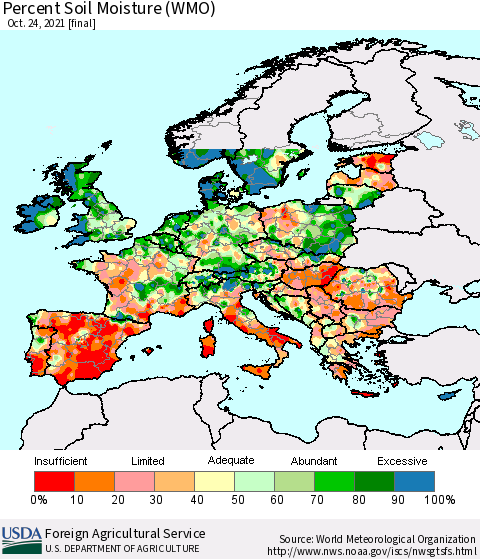 Europe Percent Soil Moisture (WMO) Thematic Map For 10/18/2021 - 10/24/2021