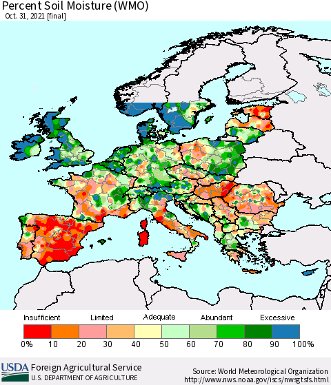 Europe Percent Soil Moisture (WMO) Thematic Map For 10/25/2021 - 10/31/2021