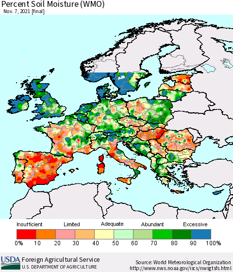 Europe Percent Soil Moisture (WMO) Thematic Map For 11/1/2021 - 11/7/2021