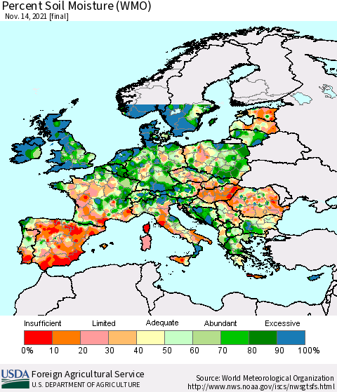 Europe Percent Soil Moisture (WMO) Thematic Map For 11/8/2021 - 11/14/2021