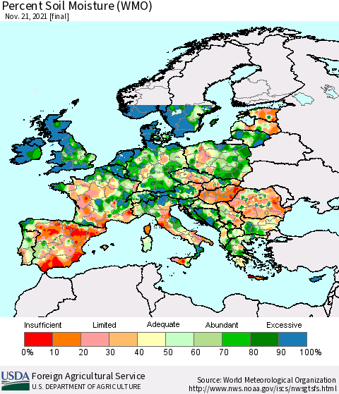 Europe Percent Soil Moisture (WMO) Thematic Map For 11/15/2021 - 11/21/2021
