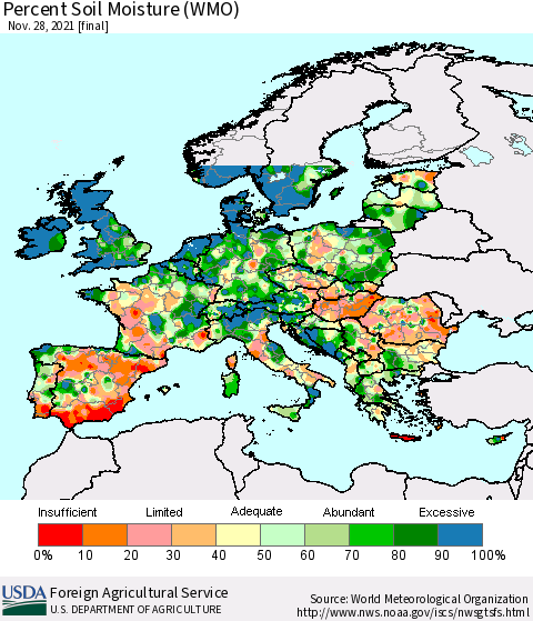 Europe Percent Soil Moisture (WMO) Thematic Map For 11/22/2021 - 11/28/2021