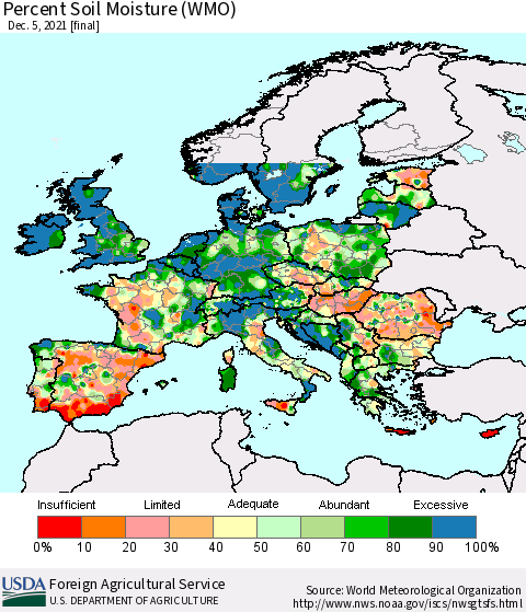 Europe Percent Soil Moisture (WMO) Thematic Map For 11/29/2021 - 12/5/2021