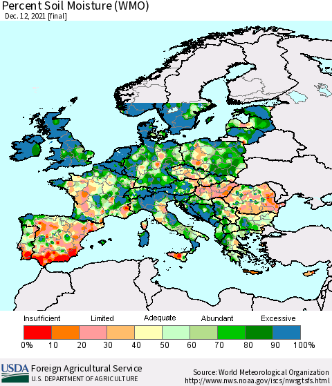 Europe Percent Soil Moisture (WMO) Thematic Map For 12/6/2021 - 12/12/2021
