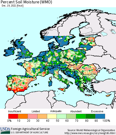 Europe Percent Soil Moisture (WMO) Thematic Map For 12/13/2021 - 12/19/2021