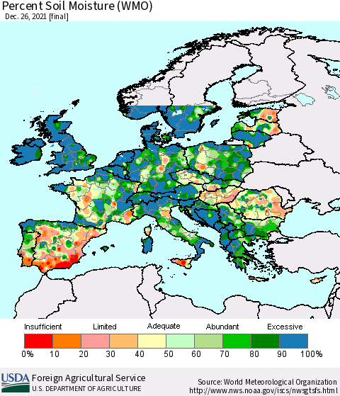 Europe Percent Soil Moisture (WMO) Thematic Map For 12/20/2021 - 12/26/2021