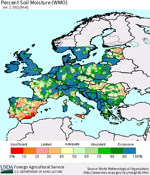 Europe Percent Soil Moisture (WMO) Thematic Map For 12/27/2021 - 1/2/2022