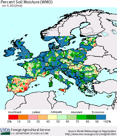 Europe Percent Soil Moisture (WMO) Thematic Map For 1/3/2022 - 1/9/2022
