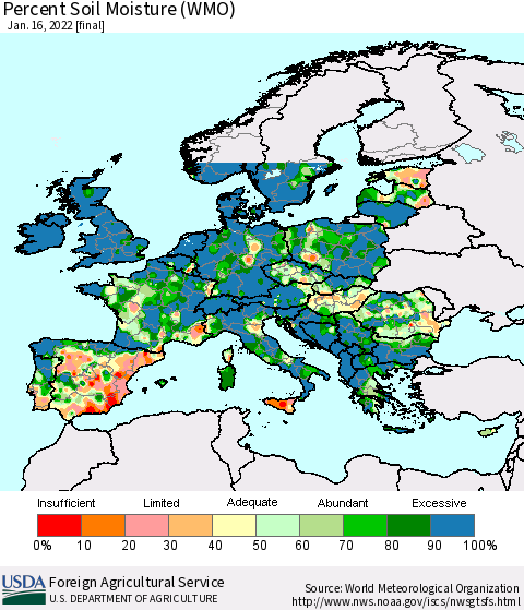Europe Percent Soil Moisture (WMO) Thematic Map For 1/10/2022 - 1/16/2022