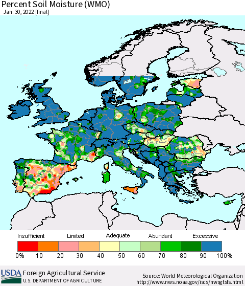 Europe Percent Soil Moisture (WMO) Thematic Map For 1/24/2022 - 1/30/2022