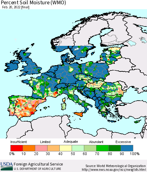 Europe Percent Soil Moisture (WMO) Thematic Map For 2/14/2022 - 2/20/2022