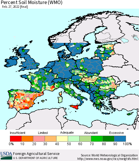 Europe Percent Soil Moisture (WMO) Thematic Map For 2/21/2022 - 2/27/2022