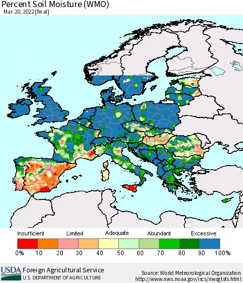 Europe Percent Soil Moisture (WMO) Thematic Map For 3/14/2022 - 3/20/2022