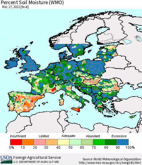 Europe Percent Soil Moisture (WMO) Thematic Map For 3/21/2022 - 3/27/2022