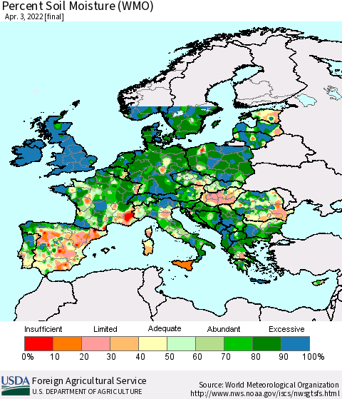 Europe Percent Soil Moisture (WMO) Thematic Map For 3/28/2022 - 4/3/2022