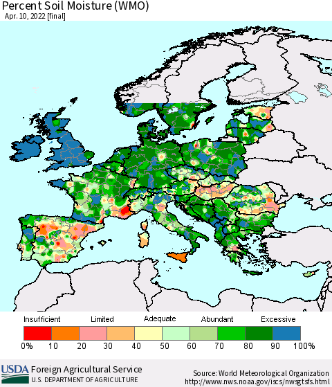 Europe Percent Soil Moisture (WMO) Thematic Map For 4/4/2022 - 4/10/2022
