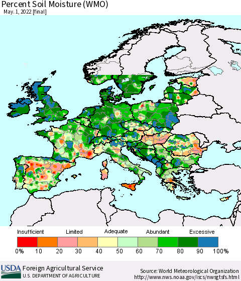Europe Percent Soil Moisture (WMO) Thematic Map For 4/25/2022 - 5/1/2022
