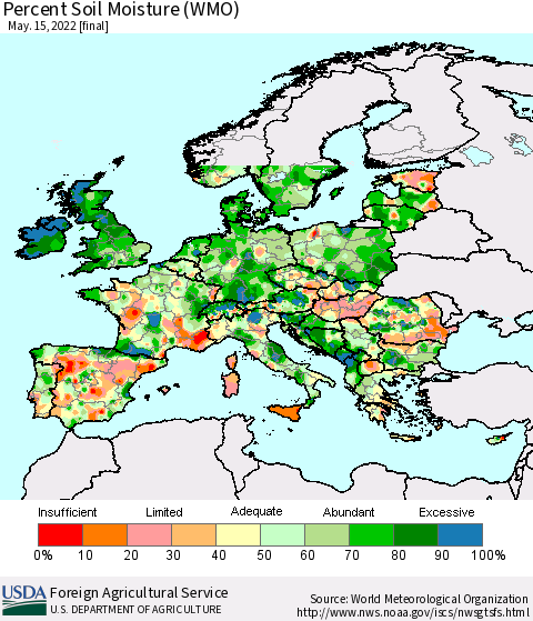 Europe Percent Soil Moisture (WMO) Thematic Map For 5/9/2022 - 5/15/2022