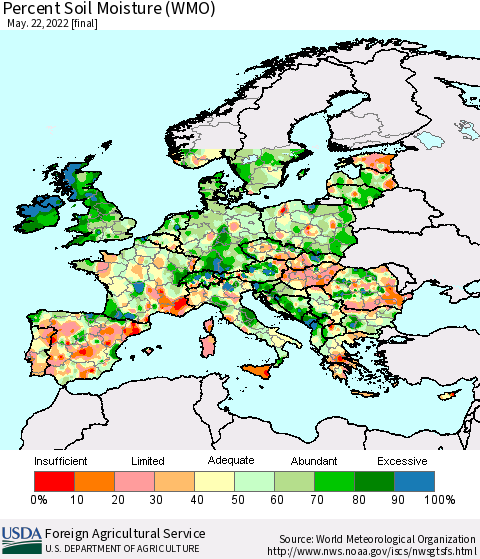 Europe Percent Soil Moisture (WMO) Thematic Map For 5/16/2022 - 5/22/2022