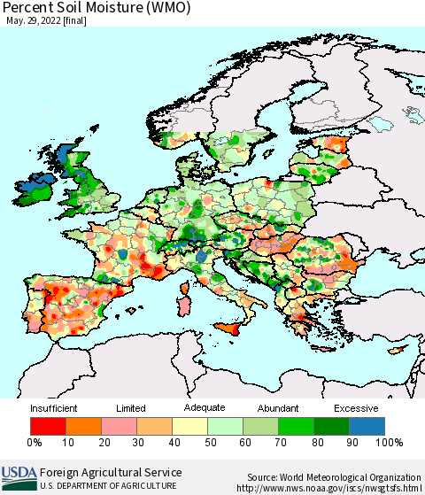 Europe Percent Soil Moisture (WMO) Thematic Map For 5/23/2022 - 5/29/2022