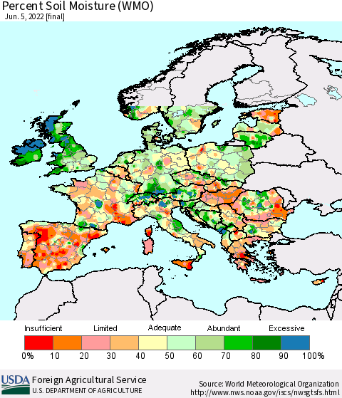 Europe Percent Soil Moisture (WMO) Thematic Map For 5/30/2022 - 6/5/2022