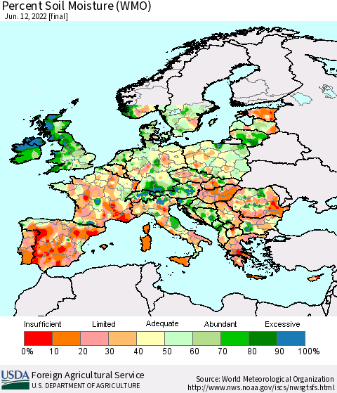 Europe Percent Soil Moisture (WMO) Thematic Map For 6/6/2022 - 6/12/2022