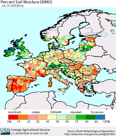 Europe Percent Soil Moisture (WMO) Thematic Map For 6/13/2022 - 6/19/2022