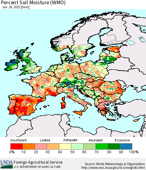 Europe Percent Soil Moisture (WMO) Thematic Map For 6/20/2022 - 6/26/2022