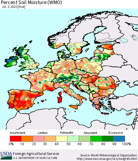 Europe Percent Soil Moisture (WMO) Thematic Map For 6/27/2022 - 7/3/2022