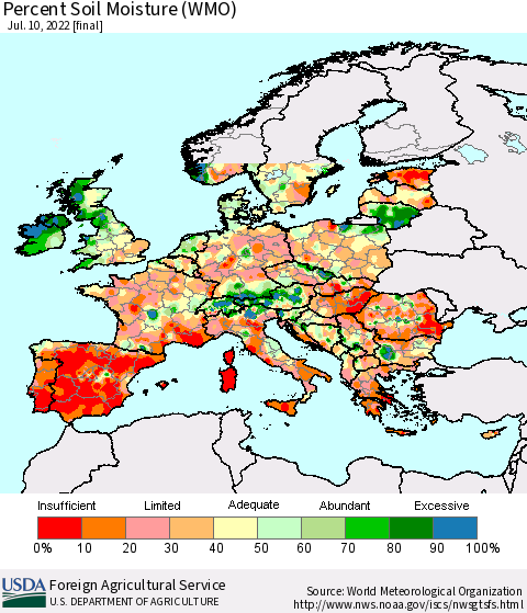 Europe Percent Soil Moisture (WMO) Thematic Map For 7/4/2022 - 7/10/2022