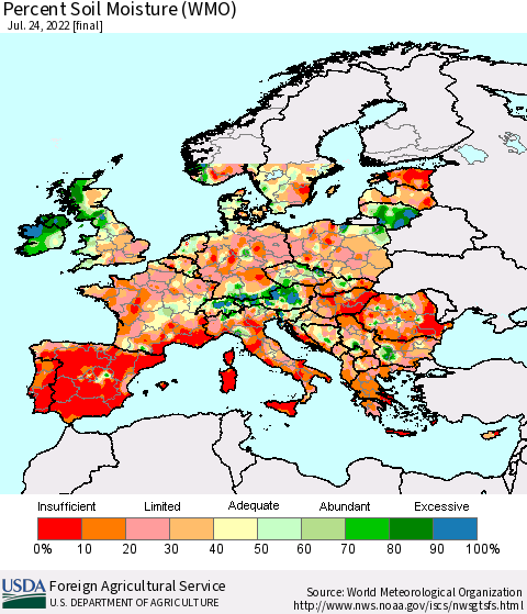 Europe Percent Soil Moisture (WMO) Thematic Map For 7/18/2022 - 7/24/2022
