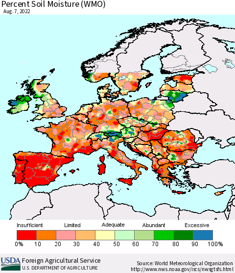 Europe Percent Soil Moisture (WMO) Thematic Map For 8/1/2022 - 8/7/2022