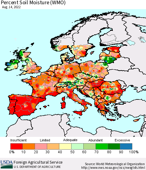 Europe Percent Soil Moisture (WMO) Thematic Map For 8/8/2022 - 8/14/2022