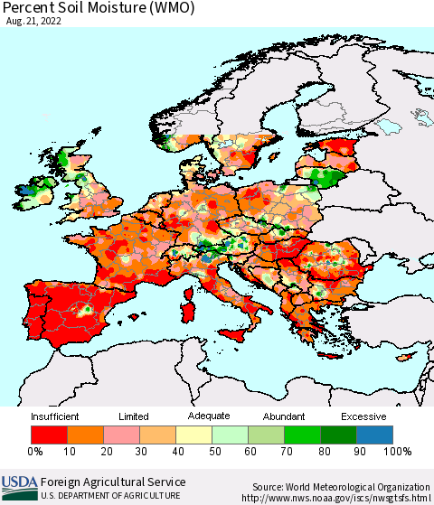 Europe Percent Soil Moisture (WMO) Thematic Map For 8/15/2022 - 8/21/2022