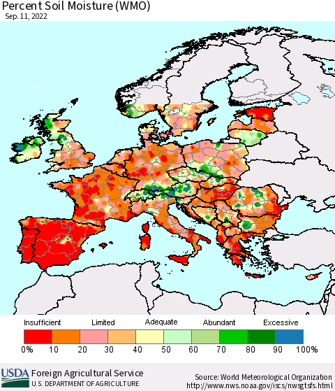 Europe Percent Soil Moisture (WMO) Thematic Map For 9/5/2022 - 9/11/2022