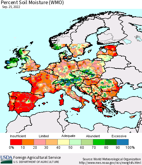 Europe Percent Soil Moisture (WMO) Thematic Map For 9/19/2022 - 9/25/2022
