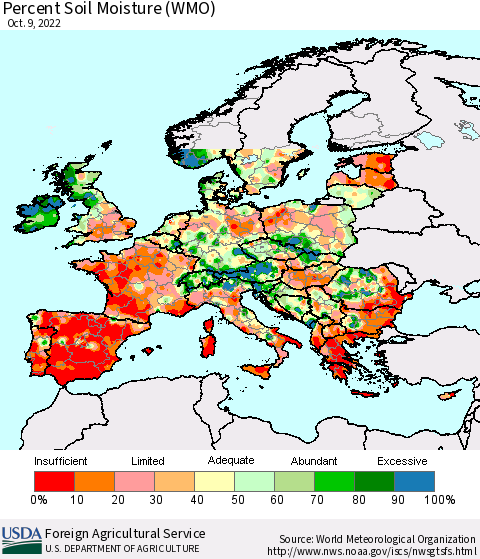 Europe Percent Soil Moisture (WMO) Thematic Map For 10/3/2022 - 10/9/2022