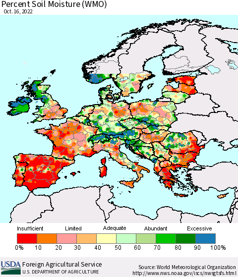 Europe Percent Soil Moisture (WMO) Thematic Map For 10/10/2022 - 10/16/2022