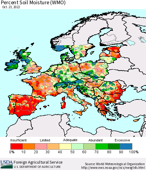 Europe Percent Soil Moisture (WMO) Thematic Map For 10/17/2022 - 10/23/2022