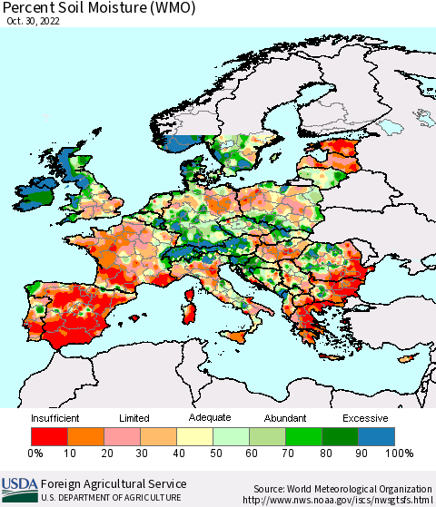 Europe Percent Soil Moisture (WMO) Thematic Map For 10/24/2022 - 10/30/2022