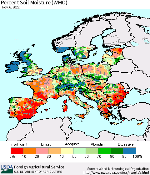 Europe Percent Soil Moisture (WMO) Thematic Map For 10/31/2022 - 11/6/2022