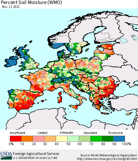 Europe Percent Soil Moisture (WMO) Thematic Map For 11/7/2022 - 11/13/2022
