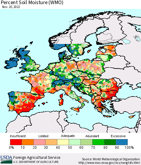 Europe Percent Soil Moisture (WMO) Thematic Map For 11/14/2022 - 11/20/2022