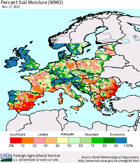 Europe Percent Soil Moisture (WMO) Thematic Map For 11/21/2022 - 11/27/2022
