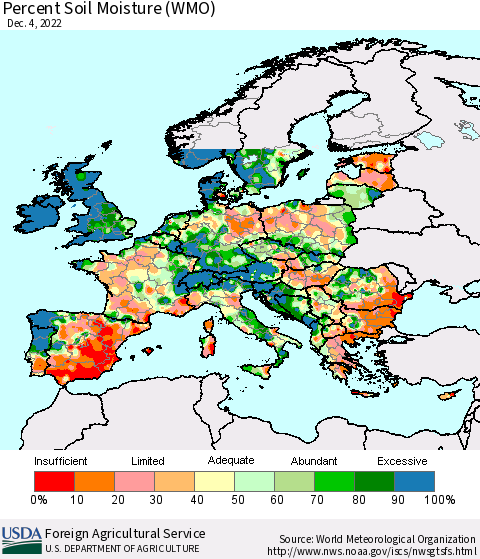 Europe Percent Soil Moisture (WMO) Thematic Map For 11/28/2022 - 12/4/2022