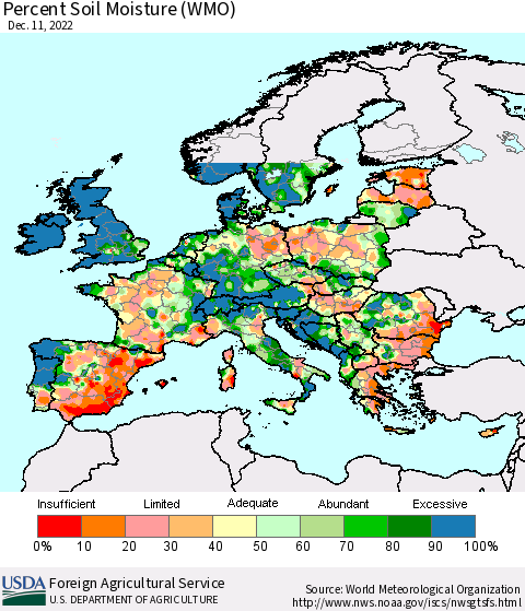 Europe Percent Soil Moisture (WMO) Thematic Map For 12/5/2022 - 12/11/2022